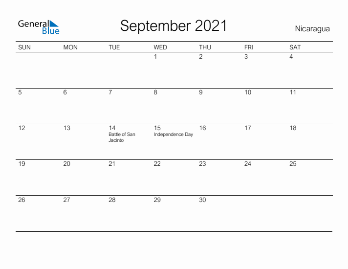 Printable September 2021 Calendar for Nicaragua