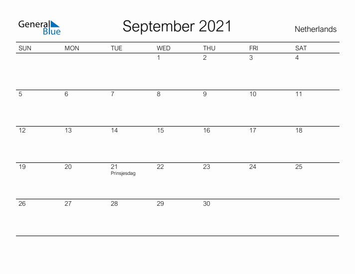 Printable September 2021 Calendar for The Netherlands