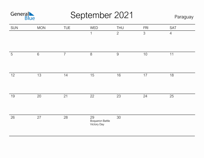 Printable September 2021 Calendar for Paraguay