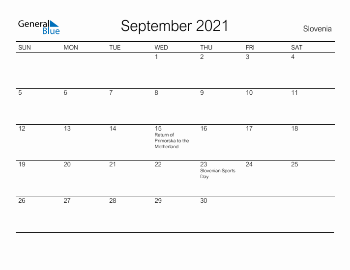Printable September 2021 Calendar for Slovenia