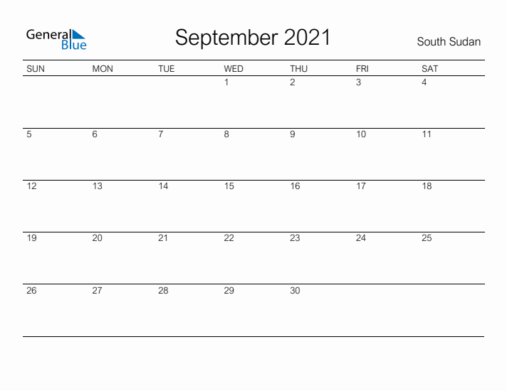 Printable September 2021 Calendar for South Sudan