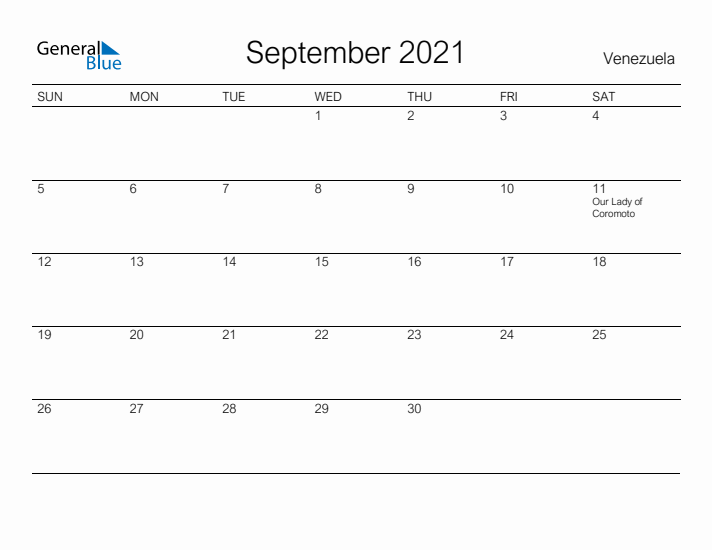 Printable September 2021 Calendar for Venezuela