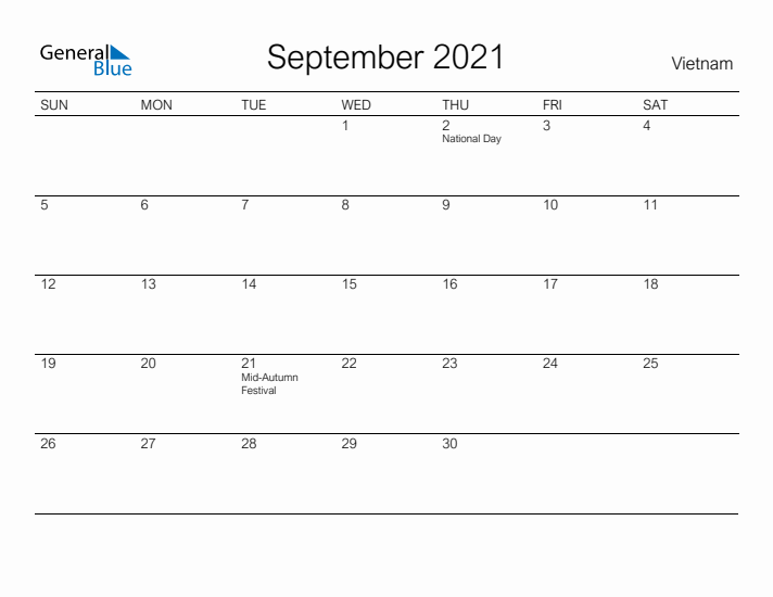 Printable September 2021 Calendar for Vietnam