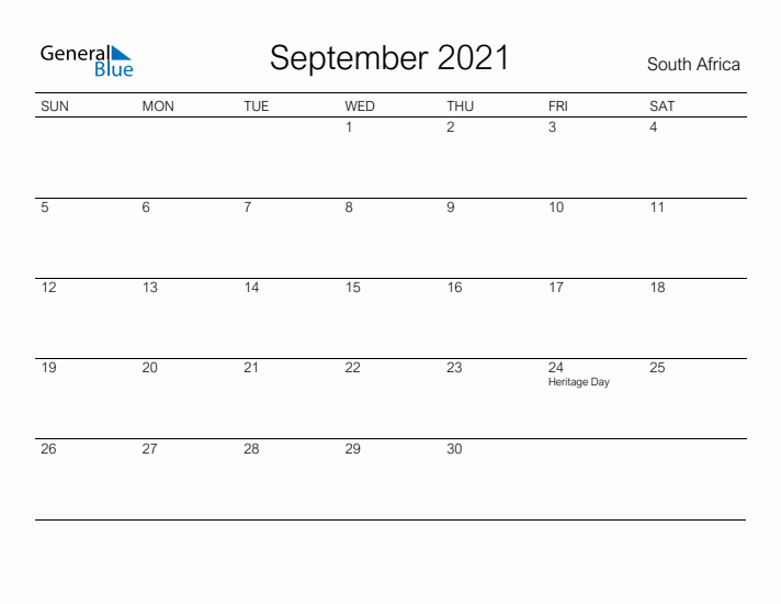 Printable September 2021 Calendar for South Africa
