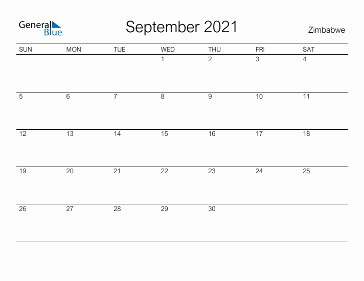 Printable September 2021 Calendar for Zimbabwe