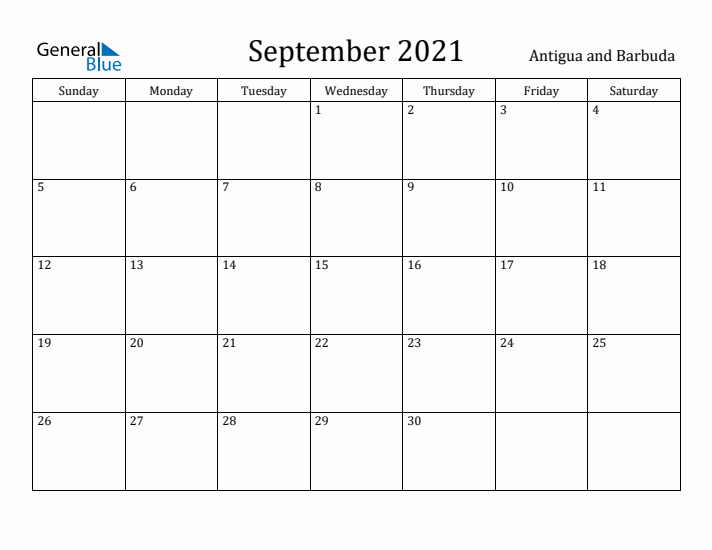 September 2021 Calendar Antigua and Barbuda