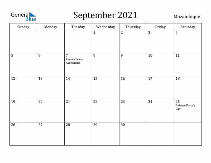 September 2021 Calendar Mozambique