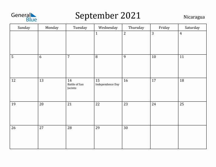 September 2021 Calendar Nicaragua