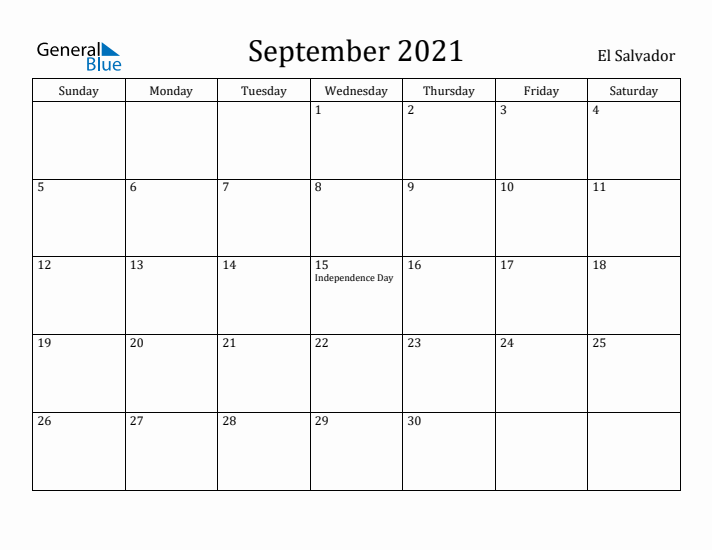 September 2021 Calendar El Salvador