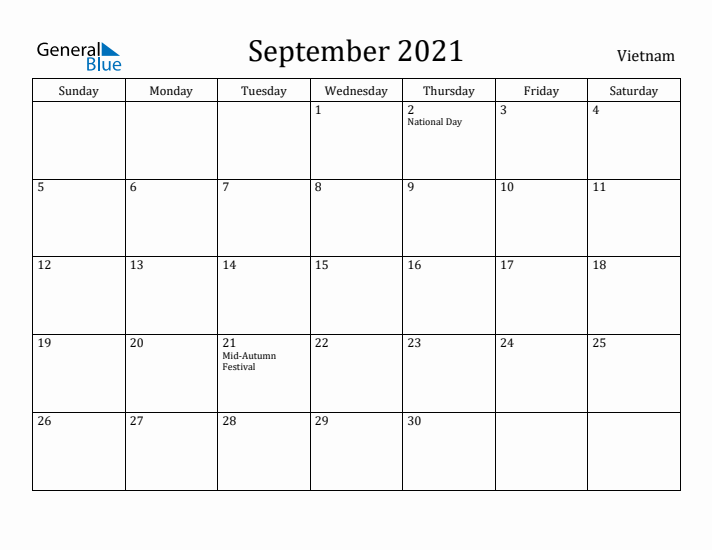 September 2021 Calendar Vietnam