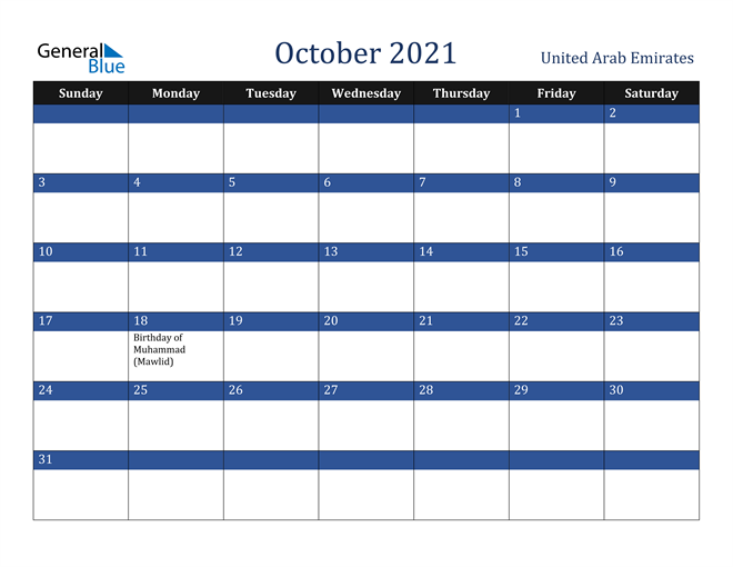 October 2021 United Arab Emirates Calendar