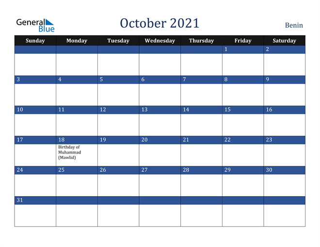 October 2021 Benin Calendar