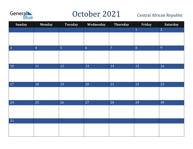 October 2021 Central African Republic Calendar