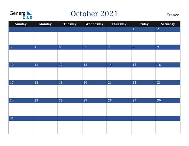 October 2021 France Calendar