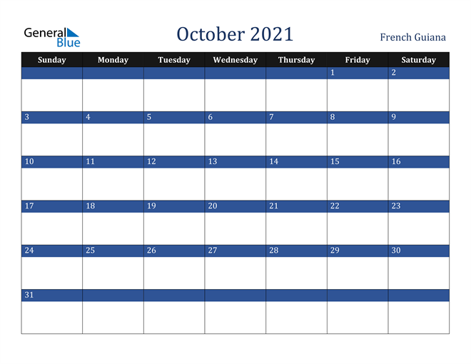 October 2021 French Guiana Calendar