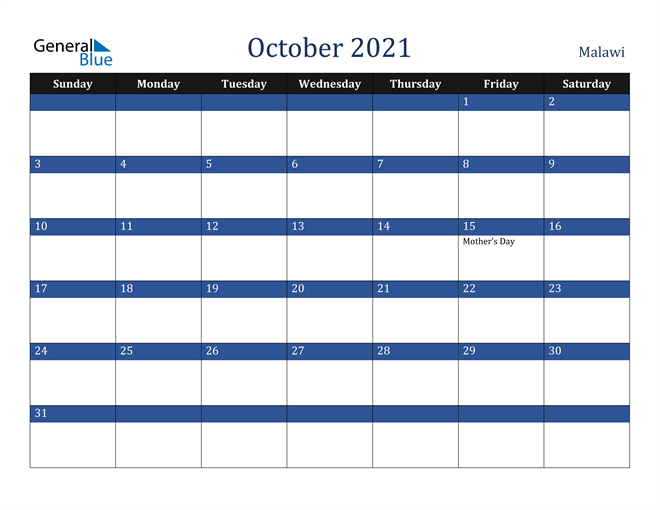 October 2021 Malawi Calendar