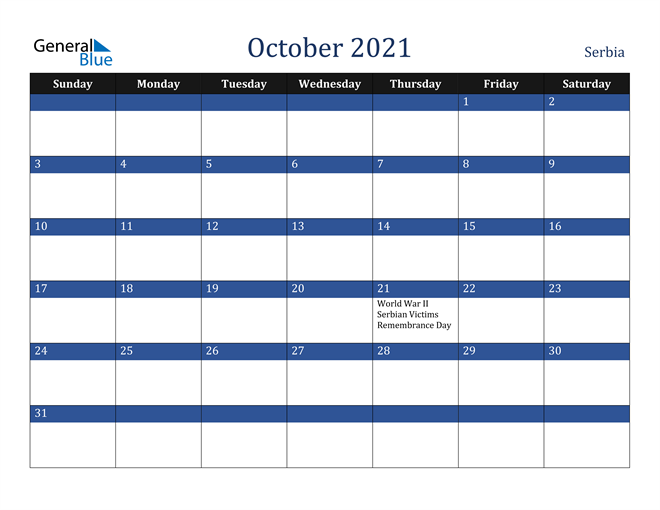 October 2021 Serbia Calendar