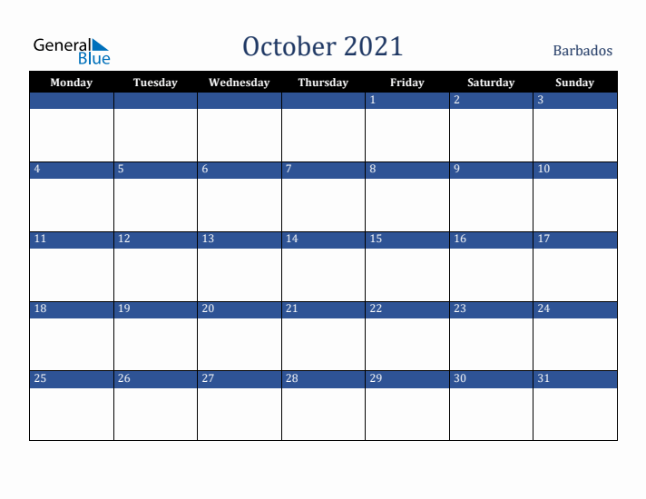 October 2021 Barbados Calendar (Monday Start)