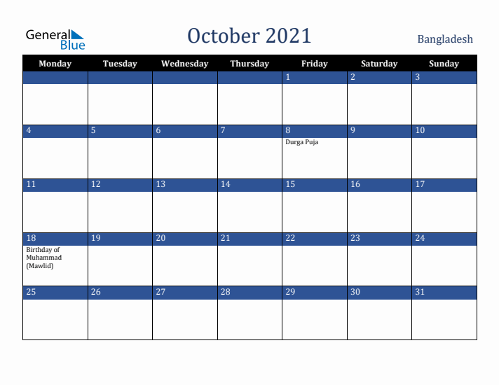 October 2021 Bangladesh Calendar (Monday Start)