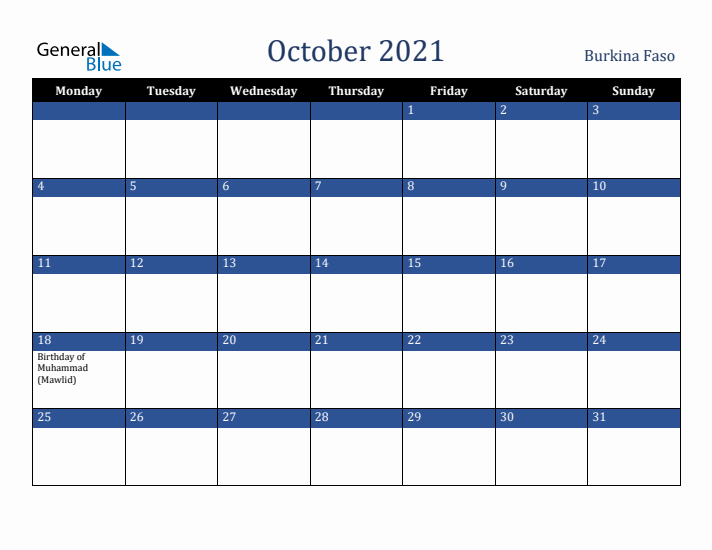 October 2021 Burkina Faso Calendar (Monday Start)