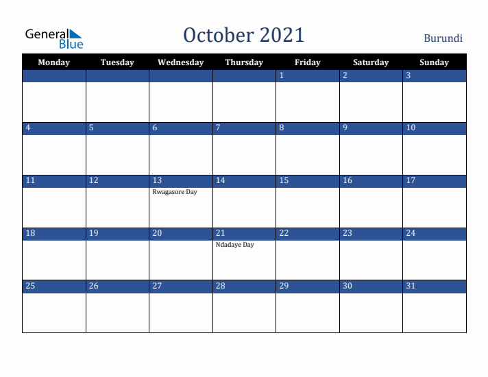 October 2021 Burundi Calendar (Monday Start)