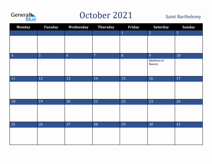 October 2021 Saint Barthelemy Calendar (Monday Start)
