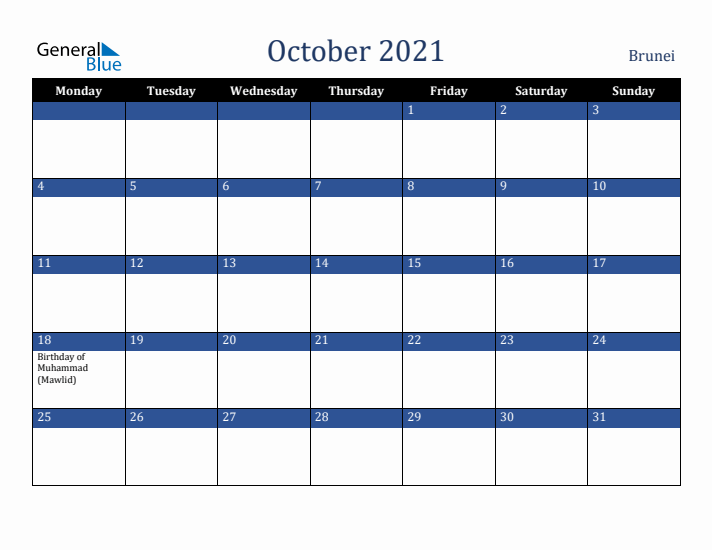 October 2021 Brunei Calendar (Monday Start)