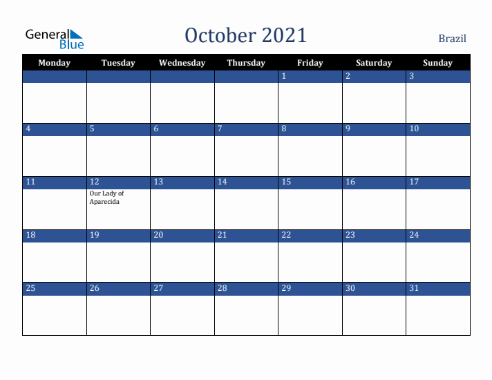 October 2021 Brazil Calendar (Monday Start)