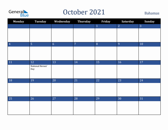 October 2021 Bahamas Calendar (Monday Start)