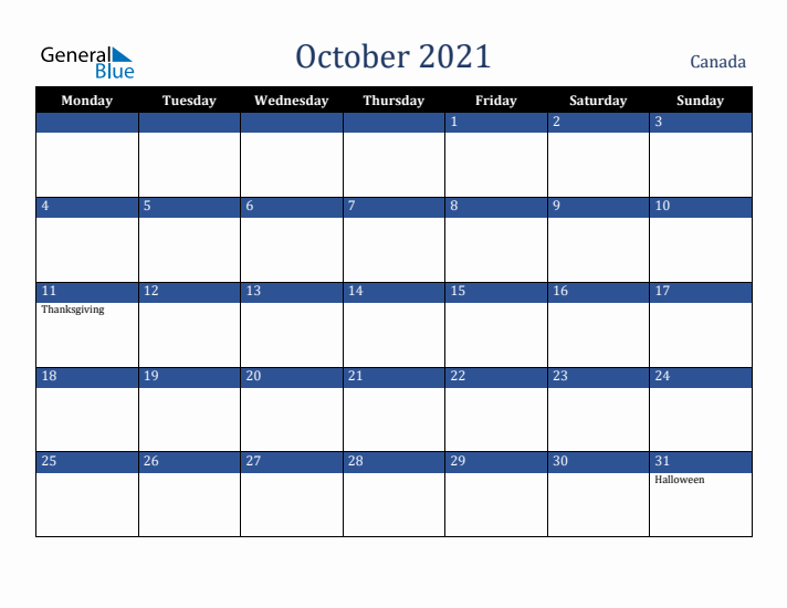 October 2021 Canada Calendar (Monday Start)