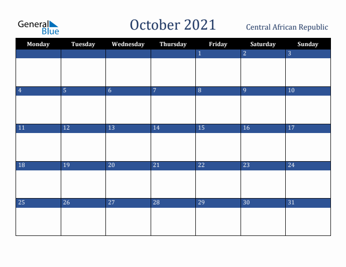 October 2021 Central African Republic Calendar (Monday Start)