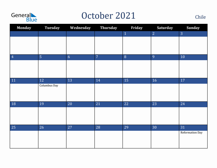 October 2021 Chile Calendar (Monday Start)
