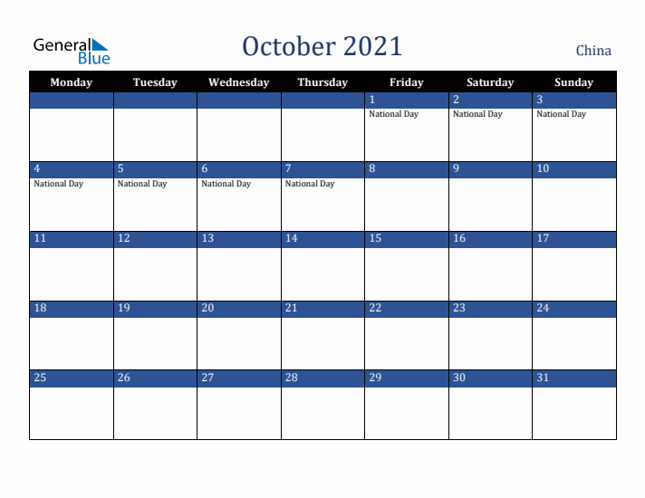 October 2021 China Calendar (Monday Start)