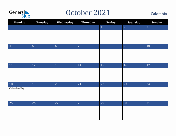October 2021 Colombia Calendar (Monday Start)