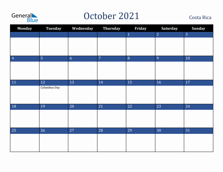 October 2021 Costa Rica Calendar (Monday Start)