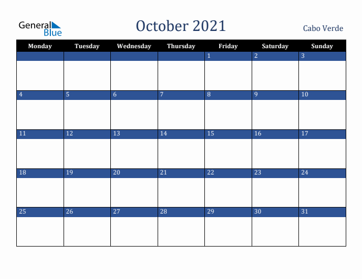 October 2021 Cabo Verde Calendar (Monday Start)