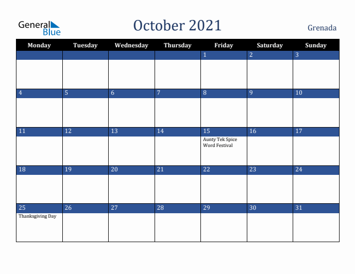 October 2021 Grenada Calendar (Monday Start)