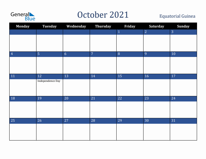 October 2021 Equatorial Guinea Calendar (Monday Start)