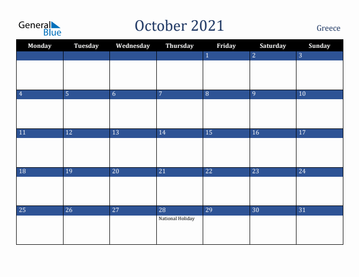 October 2021 Greece Calendar (Monday Start)