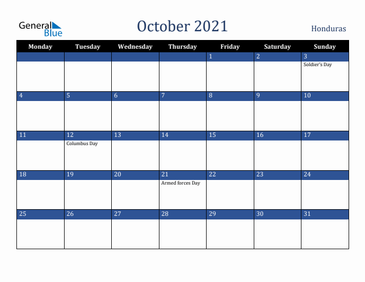 October 2021 Honduras Calendar (Monday Start)