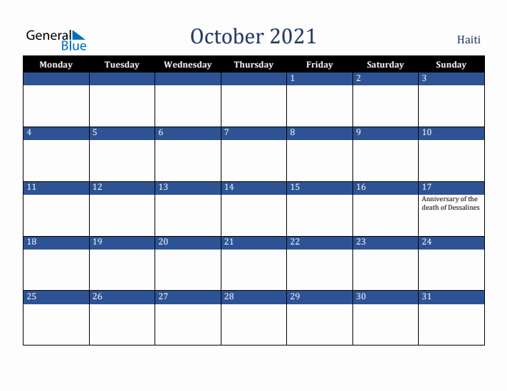 October 2021 Haiti Calendar (Monday Start)