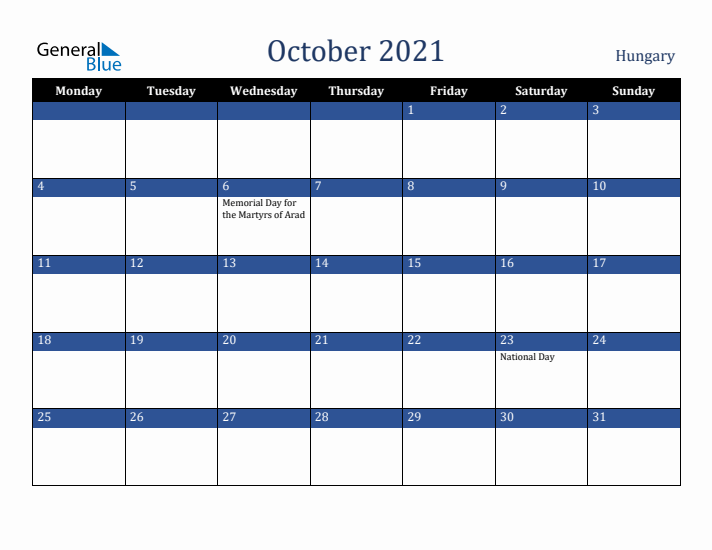 October 2021 Hungary Calendar (Monday Start)