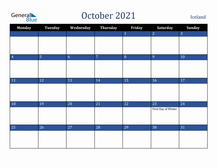 October 2021 Iceland Calendar (Monday Start)