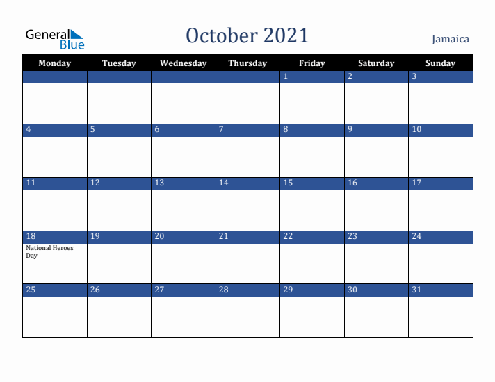 October 2021 Jamaica Calendar (Monday Start)