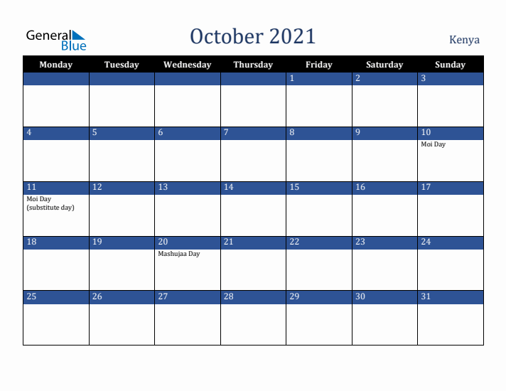 October 2021 Kenya Calendar (Monday Start)