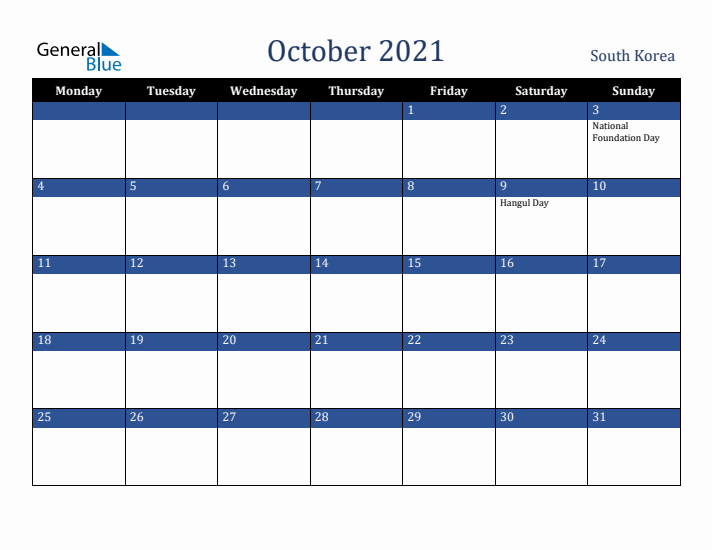 October 2021 South Korea Calendar (Monday Start)