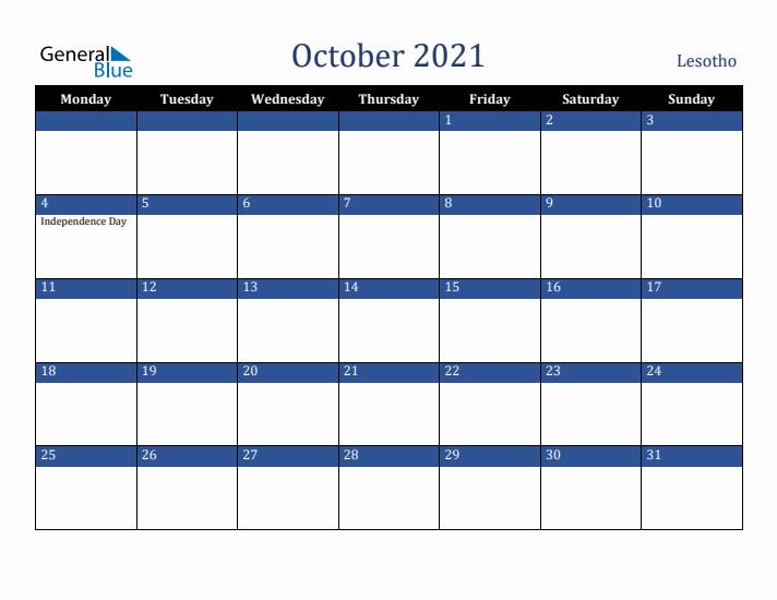 October 2021 Lesotho Calendar (Monday Start)