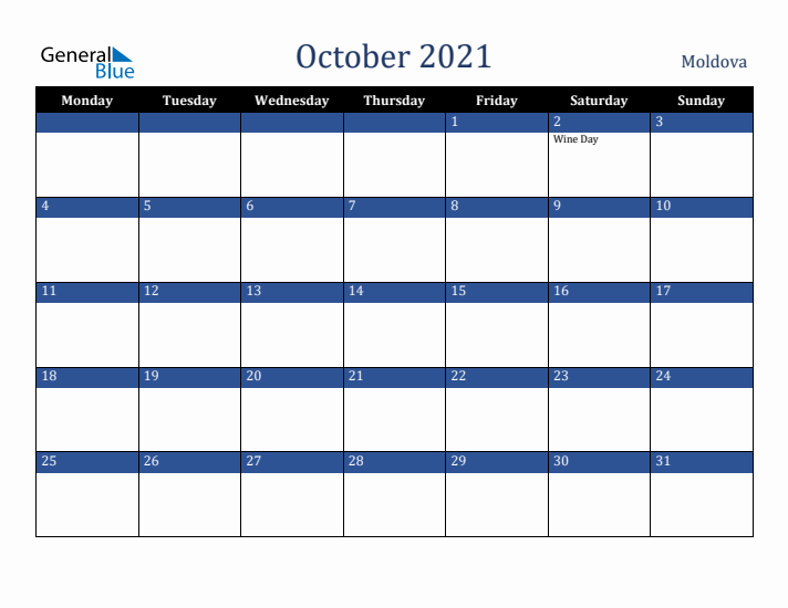 October 2021 Moldova Calendar (Monday Start)