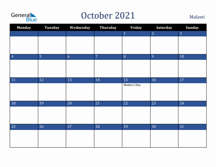 October 2021 Malawi Calendar (Monday Start)