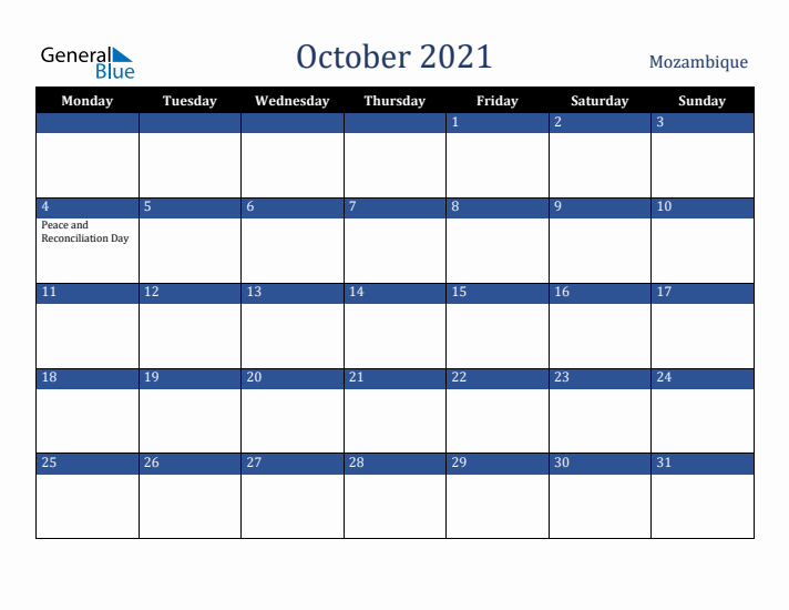 October 2021 Mozambique Calendar (Monday Start)